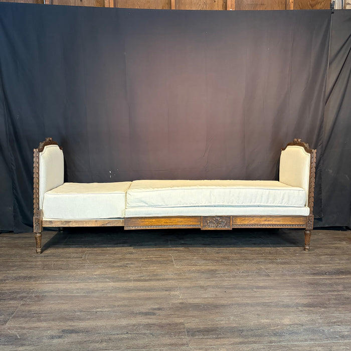 Antique French Louis XVI Carved Walnut Expandable Daybed, Settee and Guest Bed with Neutral Upholstery