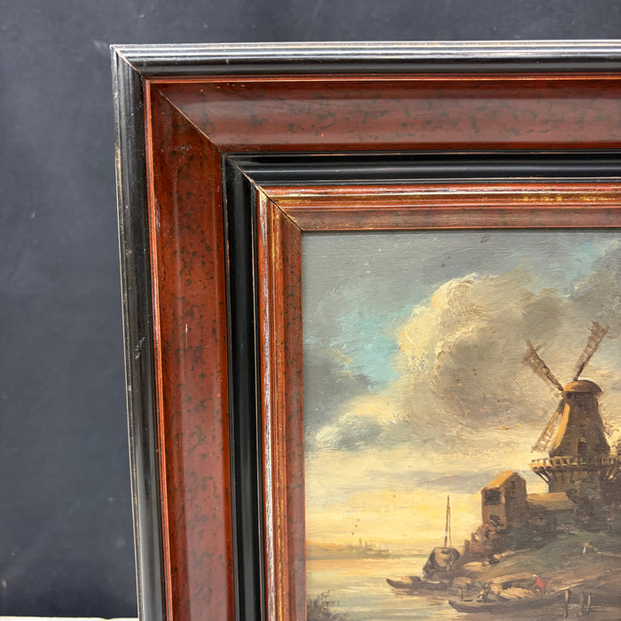 Antique Oil Painting Dutch School Landscape with Windmill on a Canal