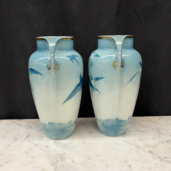 French Faience Three-Piece Vase and Jardinière Set with Swallows by Keller and Guerin