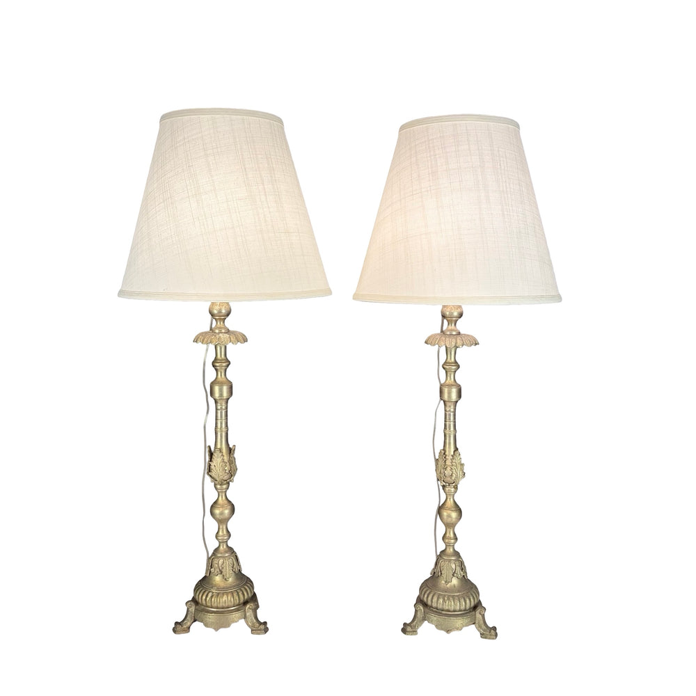 Pair of Tall Antique French Gilt Metal Church Altar Candlestick Table Lamps
