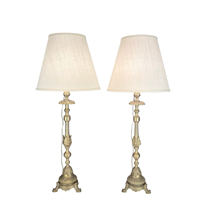Pair of Tall Antique French Gilt Metal Church Altar Candlestick Table Lamps