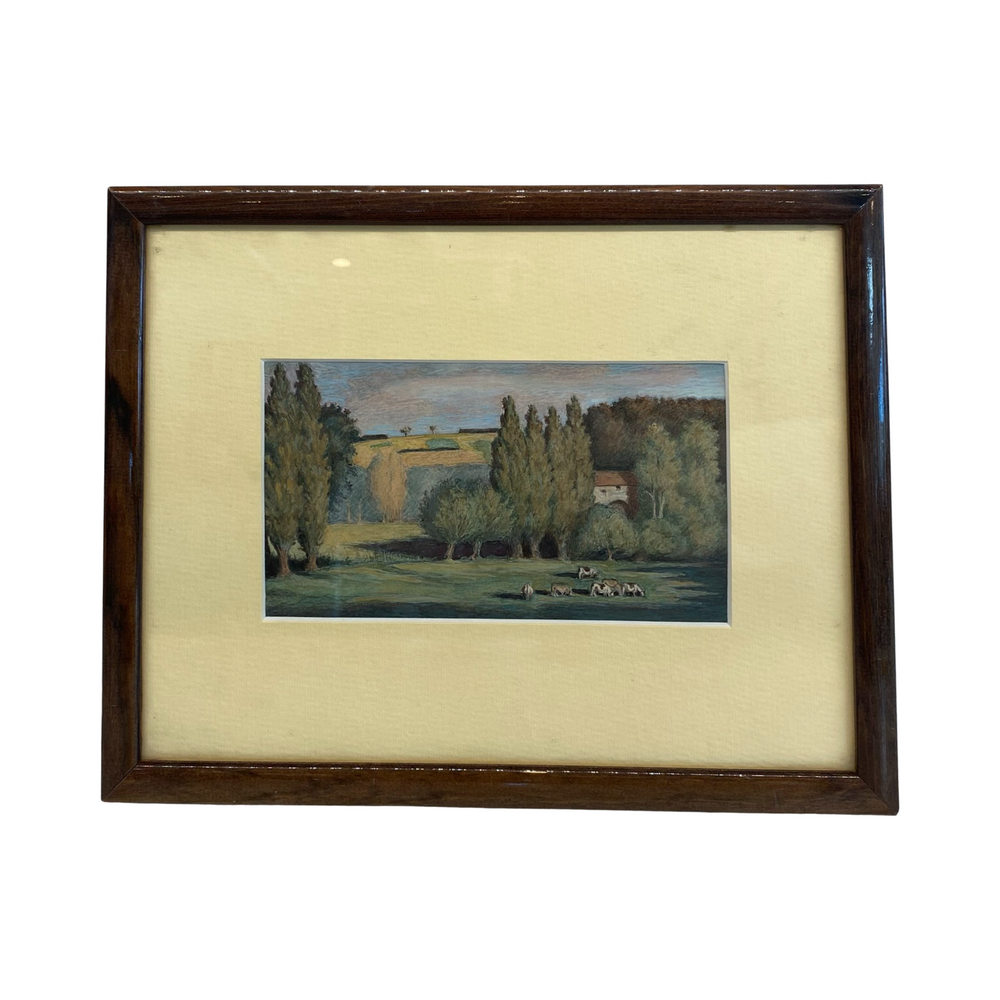 French Impressionist Painting: Landscape Pasture Scene with Cows and French Farmhouse, Cypress Trees