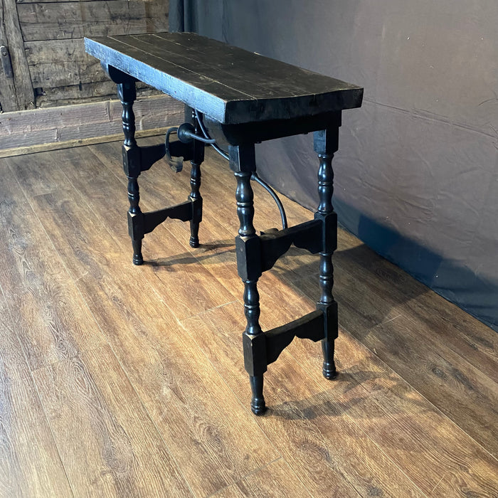 Antique Ebony Spanish Side Table, Accent Table or Console Table with Turned End Supports Joined by Iron Stretchers