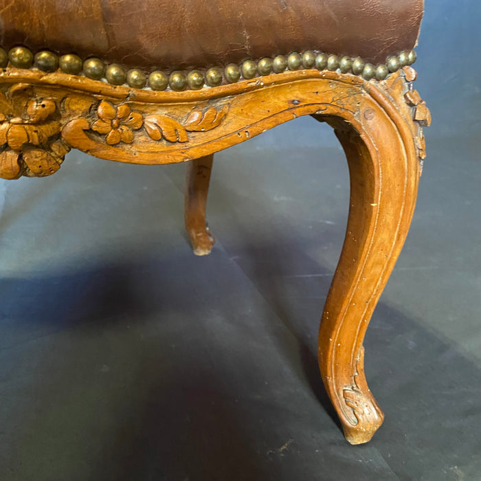 Antique French Louis XV Tobacco Brown Leather Walnut Dining Side or Desk Chair with Brass Nailhead Trim