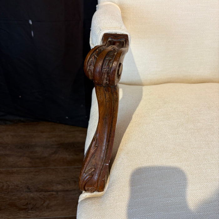 Pair of Early 19th Century French Louis XV Carved Walnut Fauteuil Armchairs with New Neutral Upholstery