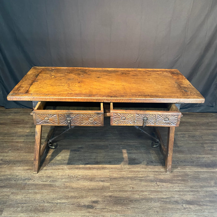 Antique Spanish Baroque Walnut Writing Table, Desk or Console with Iron Stretchers