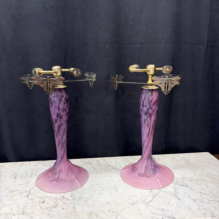 Pair of French La Rochere Art Nouveau Mushroom Table Lamps with Marbled Glass Shades and Bronze Dragonfly Details