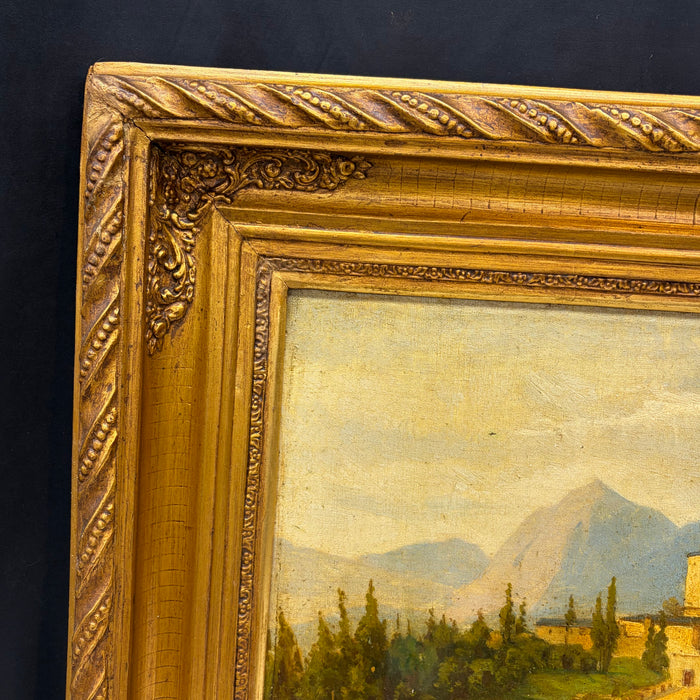 19th Century French Oil Painting of an Alpine Lake Landscape with Hilltop Castle and Horseback Riders in Ornate Gilt Frame