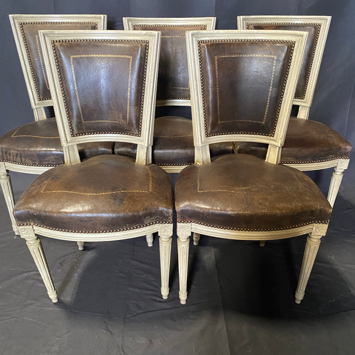 Set of 6 French Louis XVI Period Embossed Leather Painted Dining Chairs