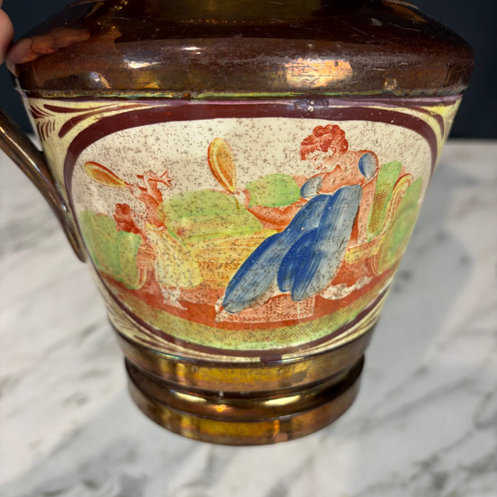 19th Century English Copper Lustreware Pottery Pitcher Jug with Classical Handpainted Figural Decoration