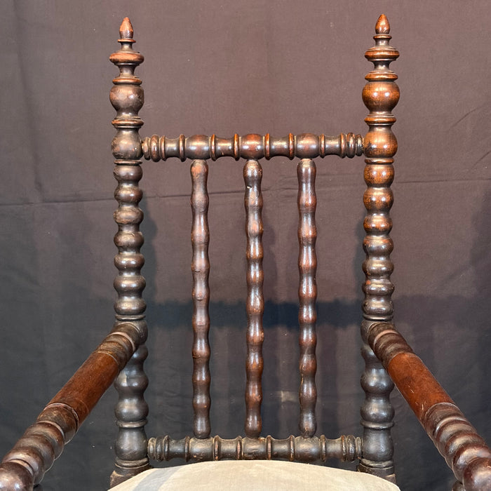 Antique Child’s Turned Wood Bobbin Spindle Armchair Nursery Chair with Finial Posts