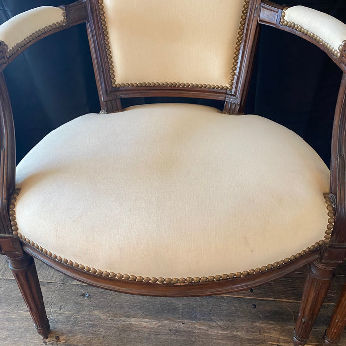 French Pair Louis XVI Carved Mahogany Fauteuil Arm Chairs
