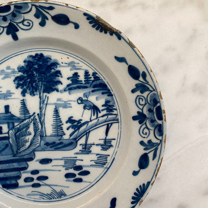 Early Antique Dutch Delft Blue and White Landscape Plate or Platter