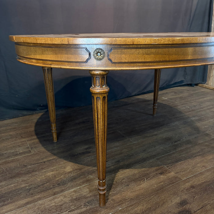 Midcentury French Louis XVI Style Walnut Parquetry Oval Extension Dining Table with Two Leaves