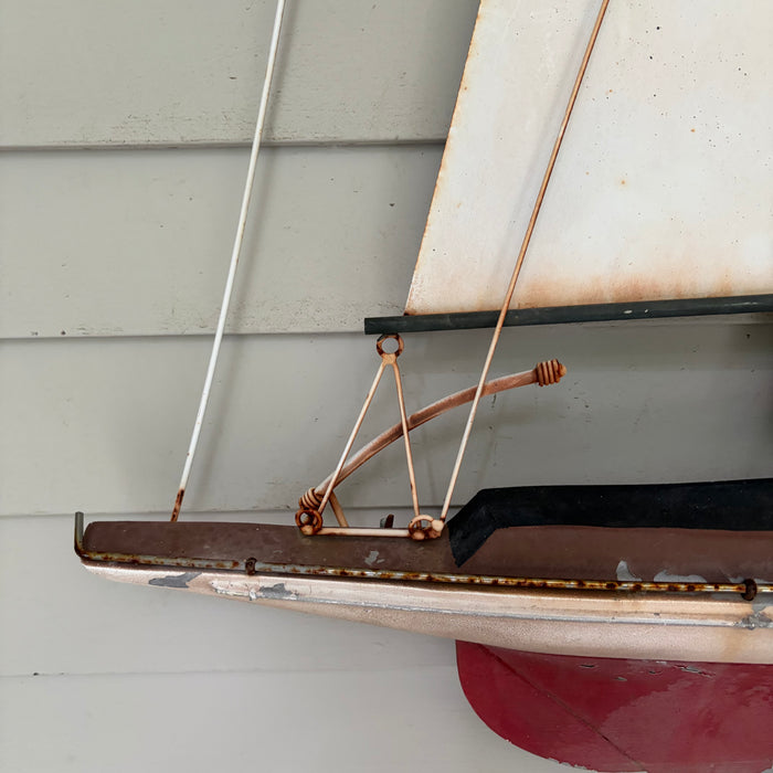 Large Vintage Metal Sailboat Yacht Wall Sculpture with Painted Hull and Wire Rigging