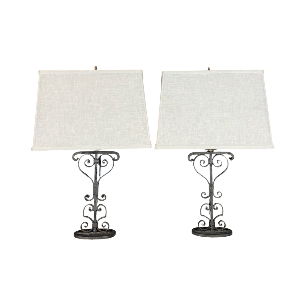 Pair of French Metal Fleur de Lis Table Lamps or Desk Lamps