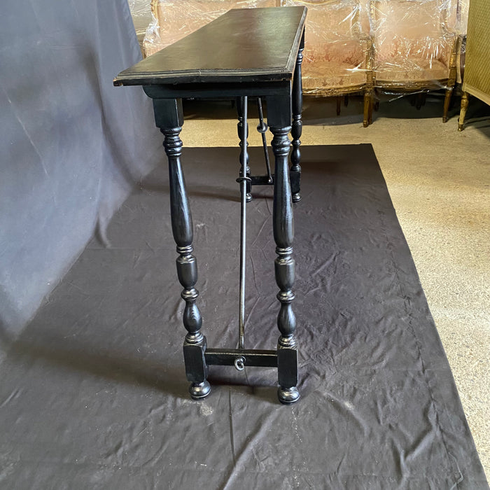 Ebony Spanish Console Table with Turned End Supports Joined by Iron Stretchers