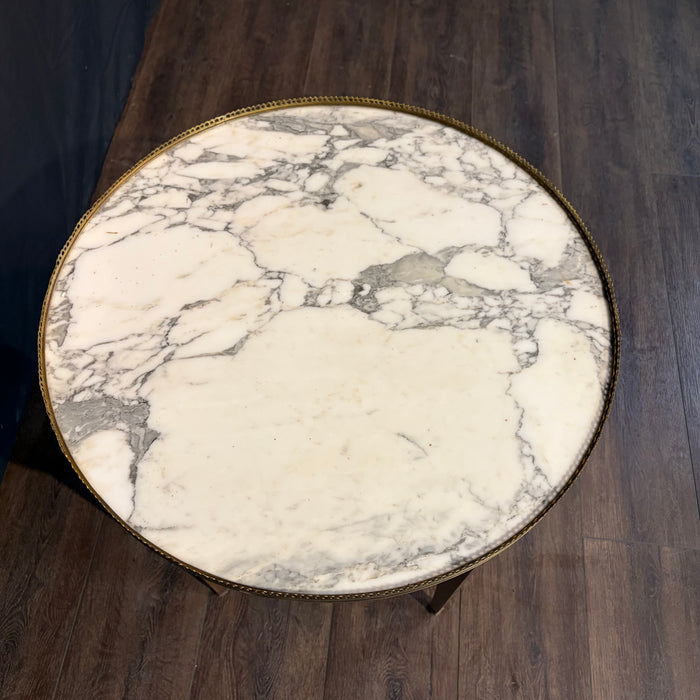 Antique French Bouillotte Round Side Table with Marble Top, Marble Stretcher and Brass Gallery