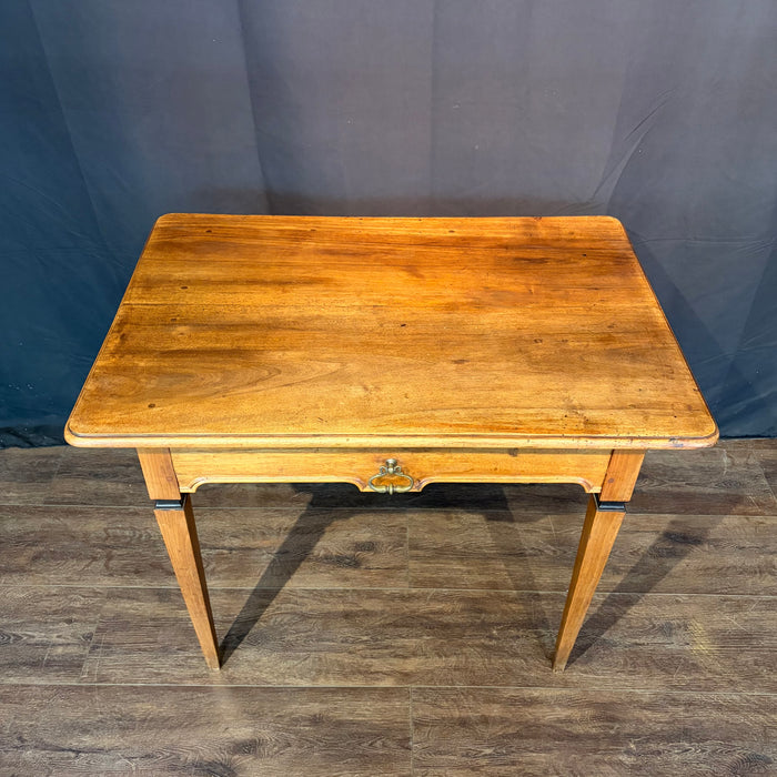 Antique French Neoclassical Fruitwood Side Table or Desk with Drawer and Brass Ring Pull