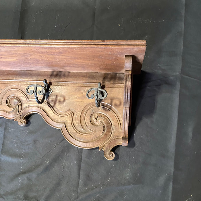 Antique Hand Carved 19th Century Walnut Hat and Coat Rack with Wall Shelf or Bookshelf Above and Hooks