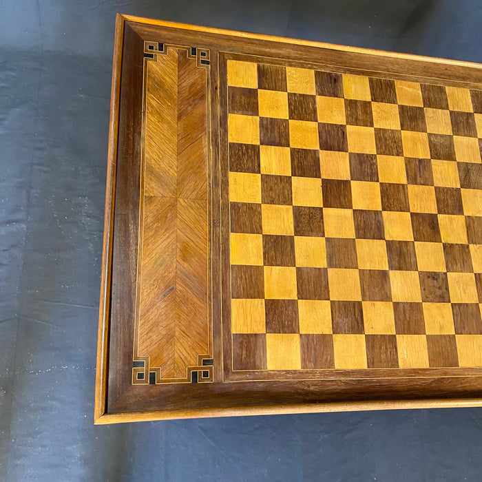 French Louis XVI Walnut Game Table with Reversible Embossed Leather Top, Marquetry Games Play Board and Inlaid Backgammon Board