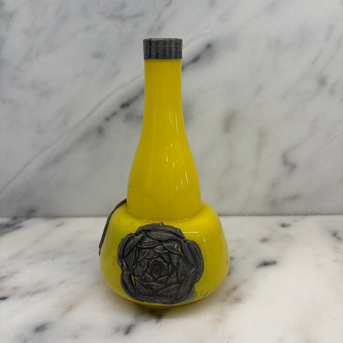 French Art Nouveau Vase Yellow Glass with Pressed Silver Floral Mounts