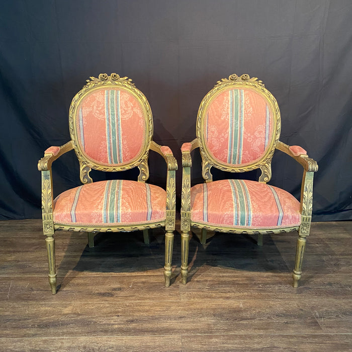 Pair of French Louis XVI Style Giltwood Armchairs, Fauteuils or Salon Chairs