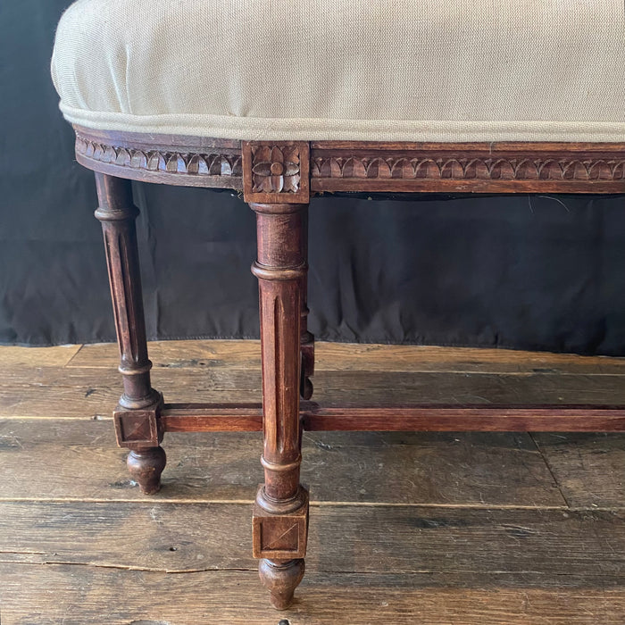 19th Century French Louis XVI Carved Walnut Oval Bench or Ottoman with New Upholstery