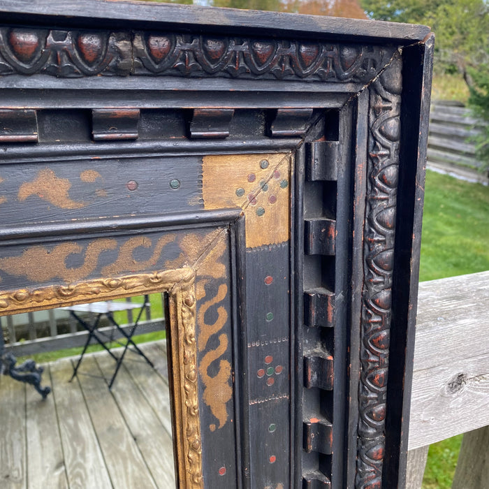 Large French 16th Century Renaissance Painted and Gilt and Ebony Carved Framed Mirror