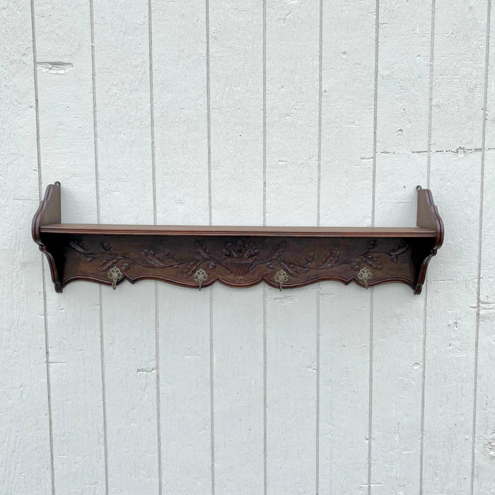 Antique French Hand Carved 19th Century Walnut Hat and Coat Rack and Wall Shelf or Bookshelf with Hooks