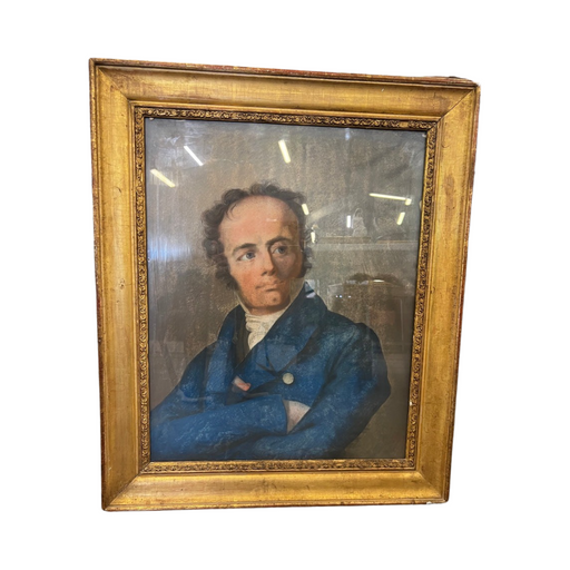 Early French Pastel Portrait of Thinking Man in Waistcoat, in Stunning Gold Gilt Frame (Pardon the Glare)