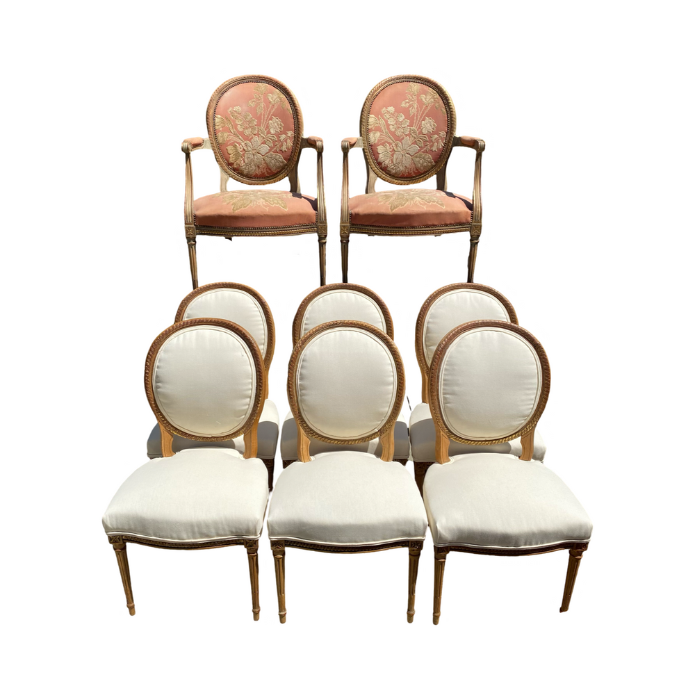 Set of Eight 19th Century French Louis XVI Dining Chairs with Original Giltwood and Hand Carving