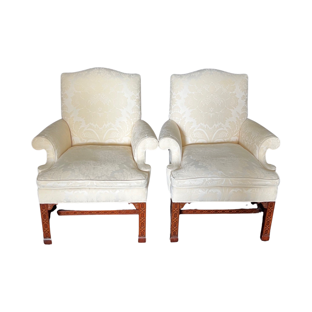 Pair of Classic British Georgian Style Armchairs with Carved Lattice Work