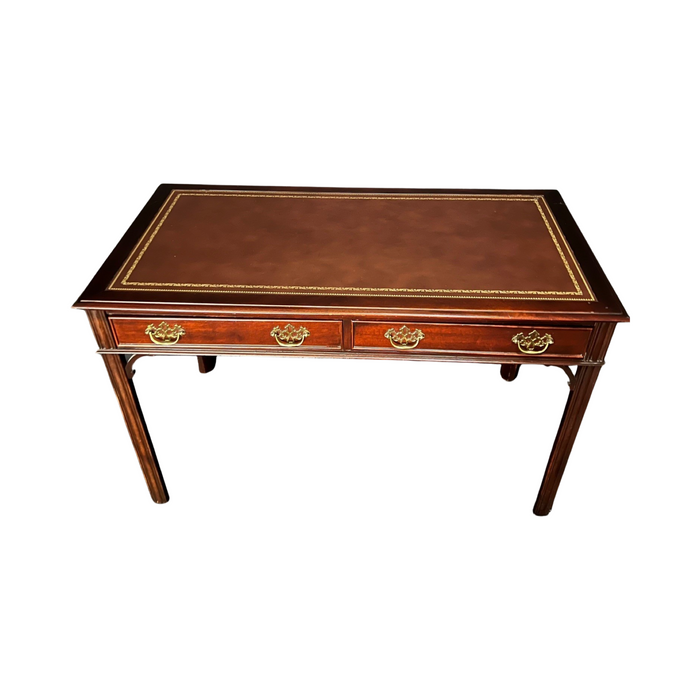 Straight Leg British Chippendale Style Library Desk or Writing Table with Embossed Leather Writing Surface