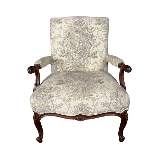 French Carved Walnut 19th Century Louis XV Armchair or Fauteuil Chair with New Neutral Toile Upholstery