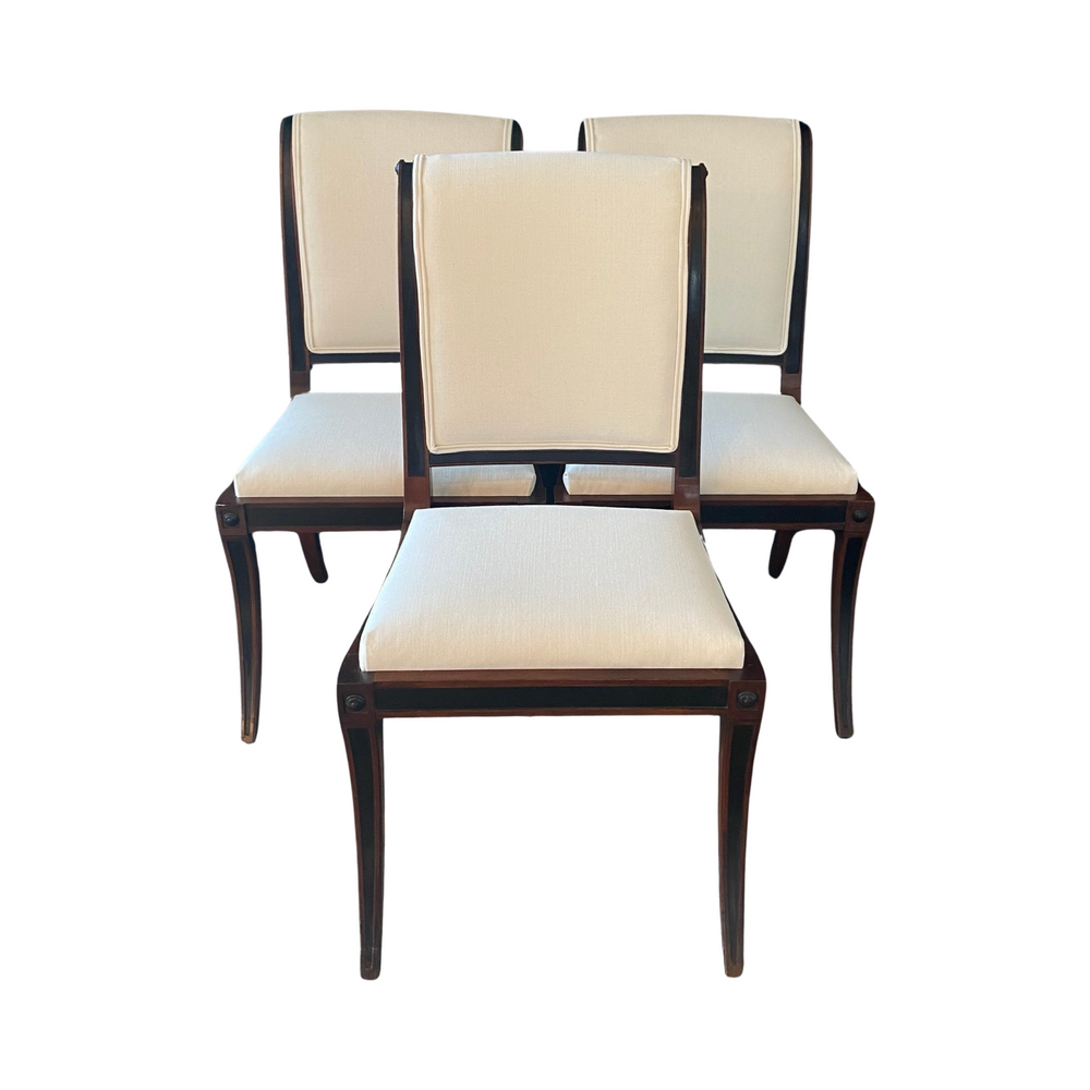 Set of 3 Klismos Ebony and Mahogany Neoclassical Occasional, Accent, Side or Dining Chairs Newly Reupholstered