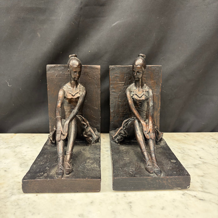 Pair of Vintage American Seated Ballerina Figural Bookends with Bronze Finish