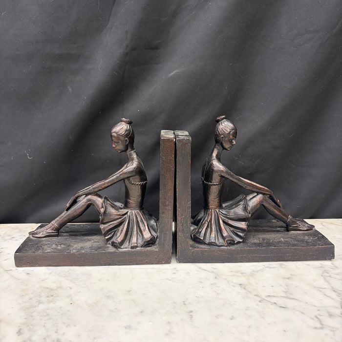 Pair of Vintage American Seated Ballerina Figural Bookends with Bronze Finish