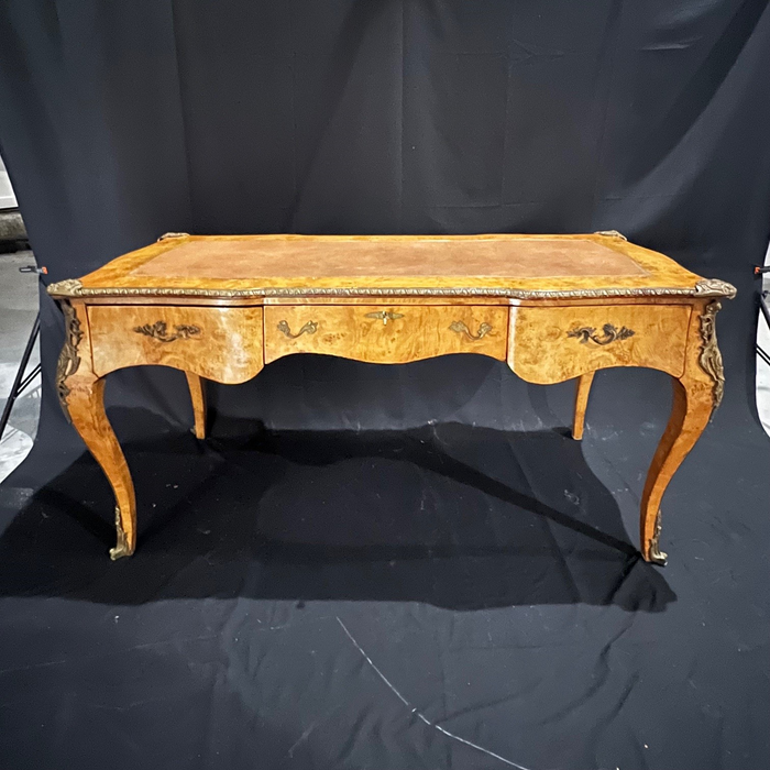 French Louis XV Style Bureau Plat Leather Top Writing Desk With Mounted Bronze Ormolu