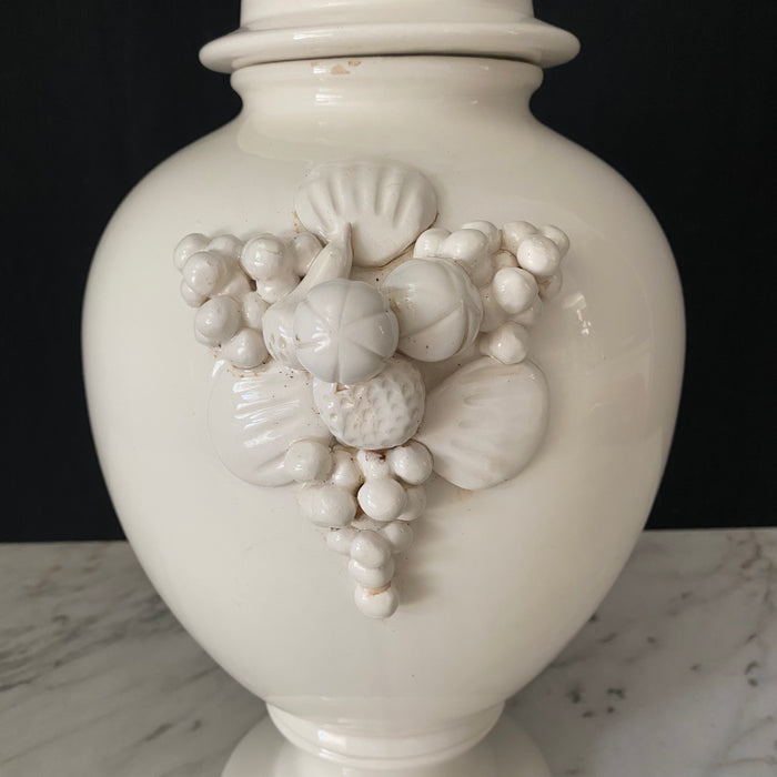 Large Antique Italian Pair of White Ceramic Apothecary Style Urn Vases