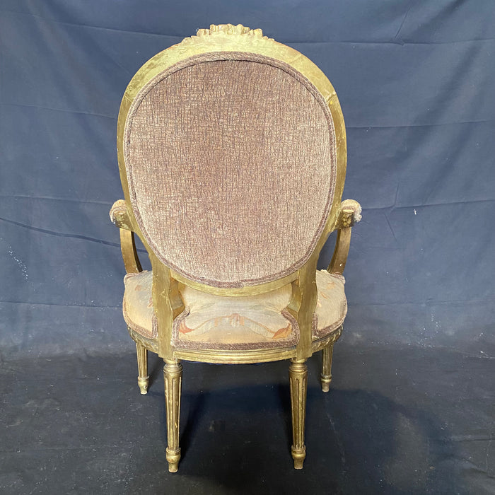 Gorgeous Pair of Louis XVI Antique French Bergeres Gilt & Upholstered Arm  Chairs