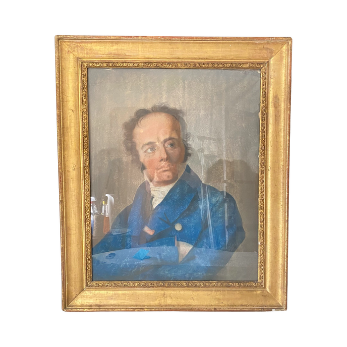 Early French Pastel Portrait of Thinking Man in Waistcoat, in Stunning Gold Gilt Frame (Pardon the Glare)