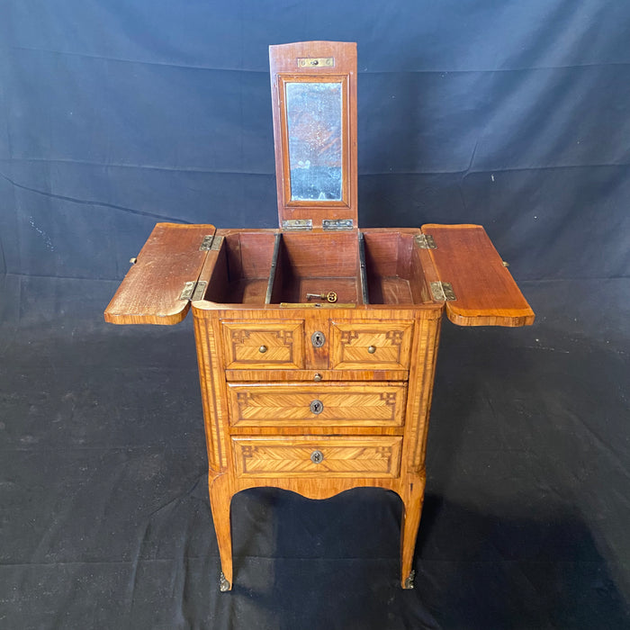French 18th Century Inlaid Petite Commode, Side or Accent Table, Chest or Dressing Table with Mirror, Leather Leaf Extension and Drawers