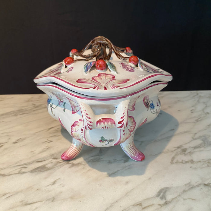 French Barbotine Hand Painted Majolica Faience Jardiniere or Soup Tureen and Matching Platter Set