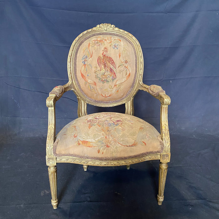 Pair of Period French Louis XVI Giltwood Aubusson Tapestry Armchairs or Fauteuils