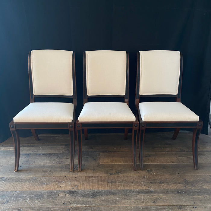 Set of Five Klismos Ebony and Mahogany Neoclassical Occasional, Accent, Side or Dining Chairs Newly Reupholstered