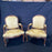 Pair of French Louis XV Walnut Carved Fauteuils or Arm Chairs with Pale Flaxen Yellow Damask and Brass Tacking