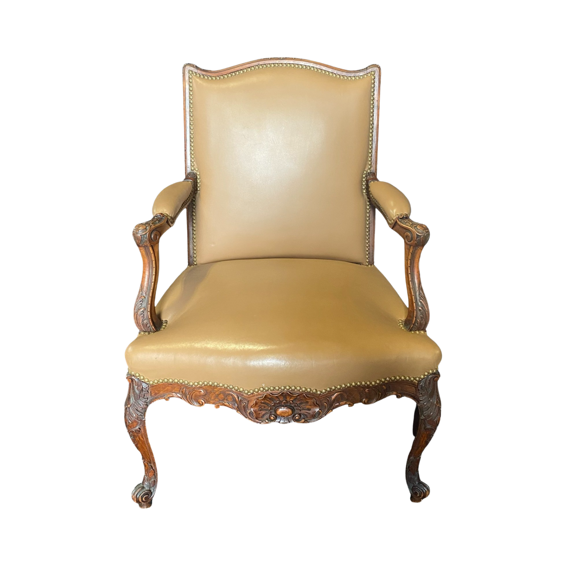 Pair Louis XV-Style Arm Chairs in Walnut with Carved Cartouche