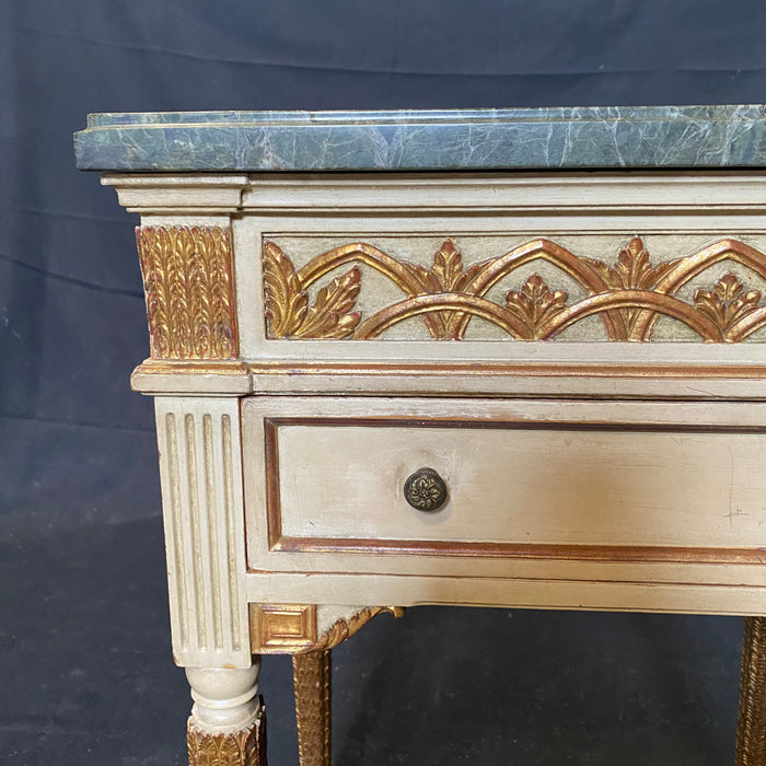 French Pair of Neoclassical Painted Wood Nightstands, Bedside Tables, or Side Tables with Marble Tops