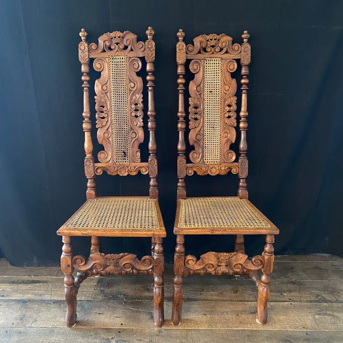 Pair of Walnut 19th Century William and Mary Caned Tall Back Chairs